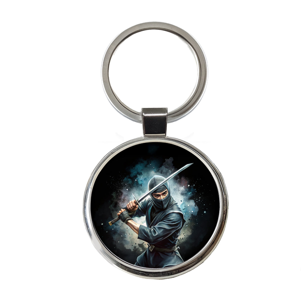 Ninja With Katana Black Watercolor Round Metal Keychain