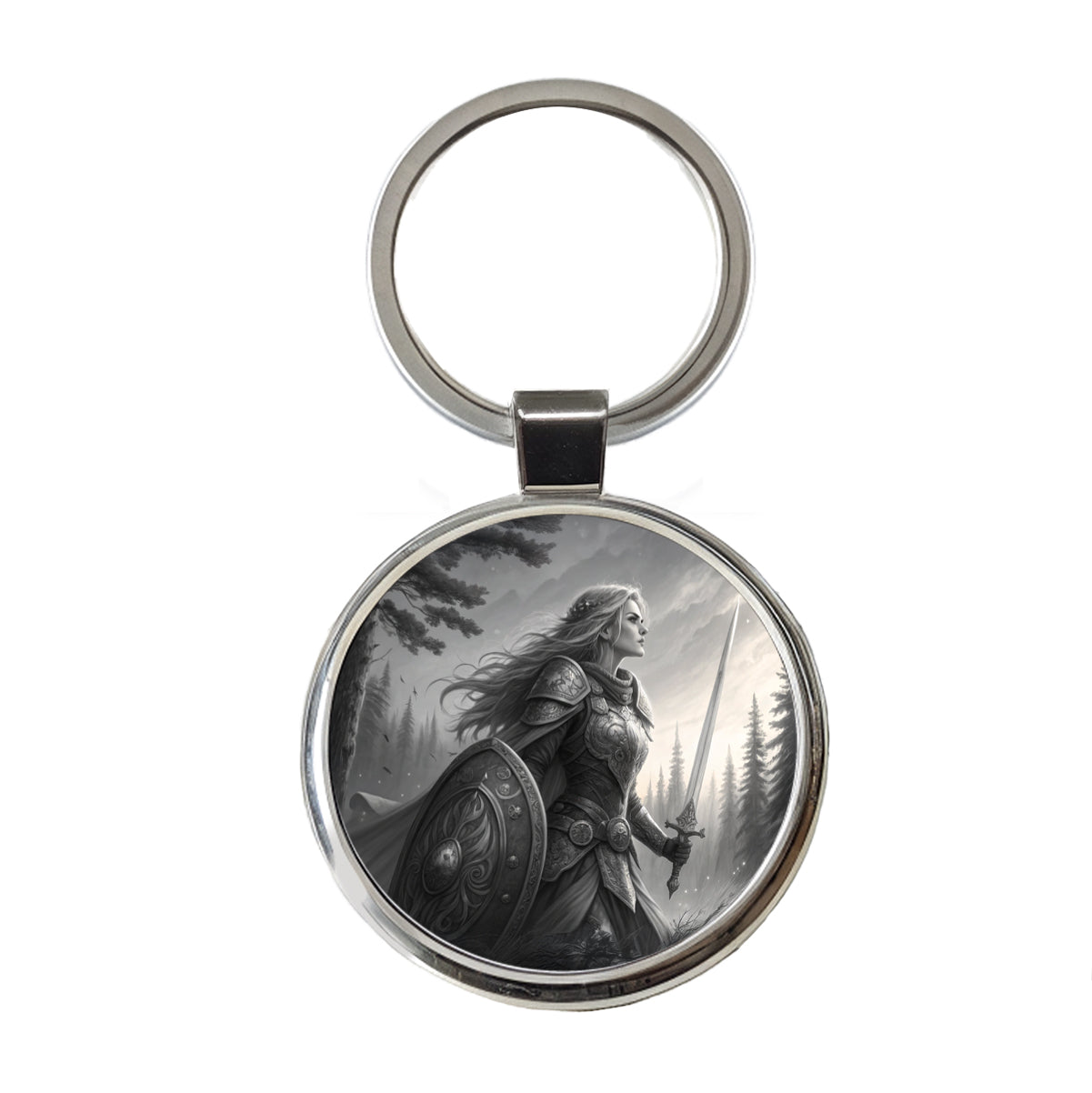Nordic Viking Fantasy Woman Warrior Black And White Round Metal Keychain