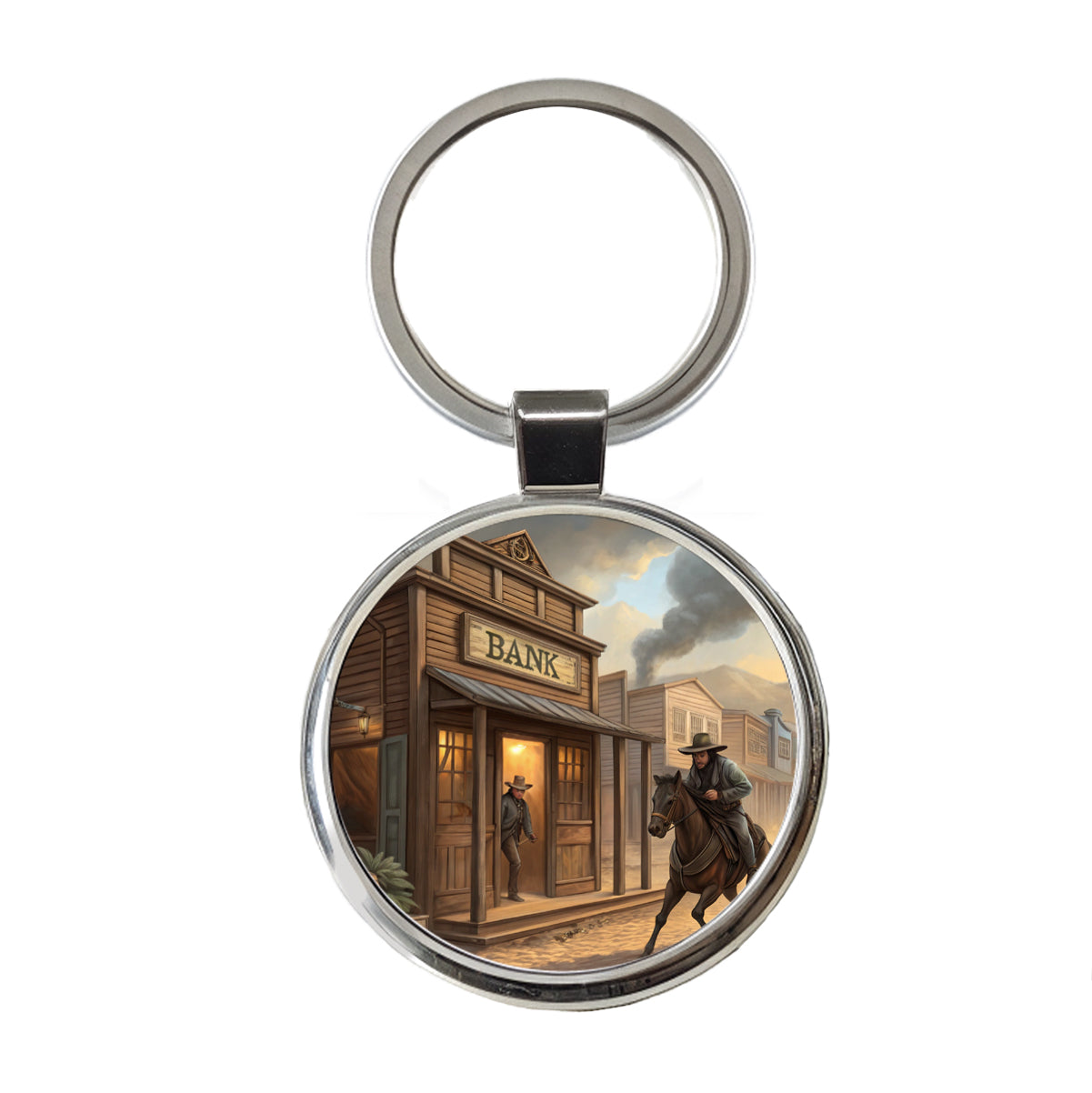 Old West Bank Robbery Western Round Metal Keychain