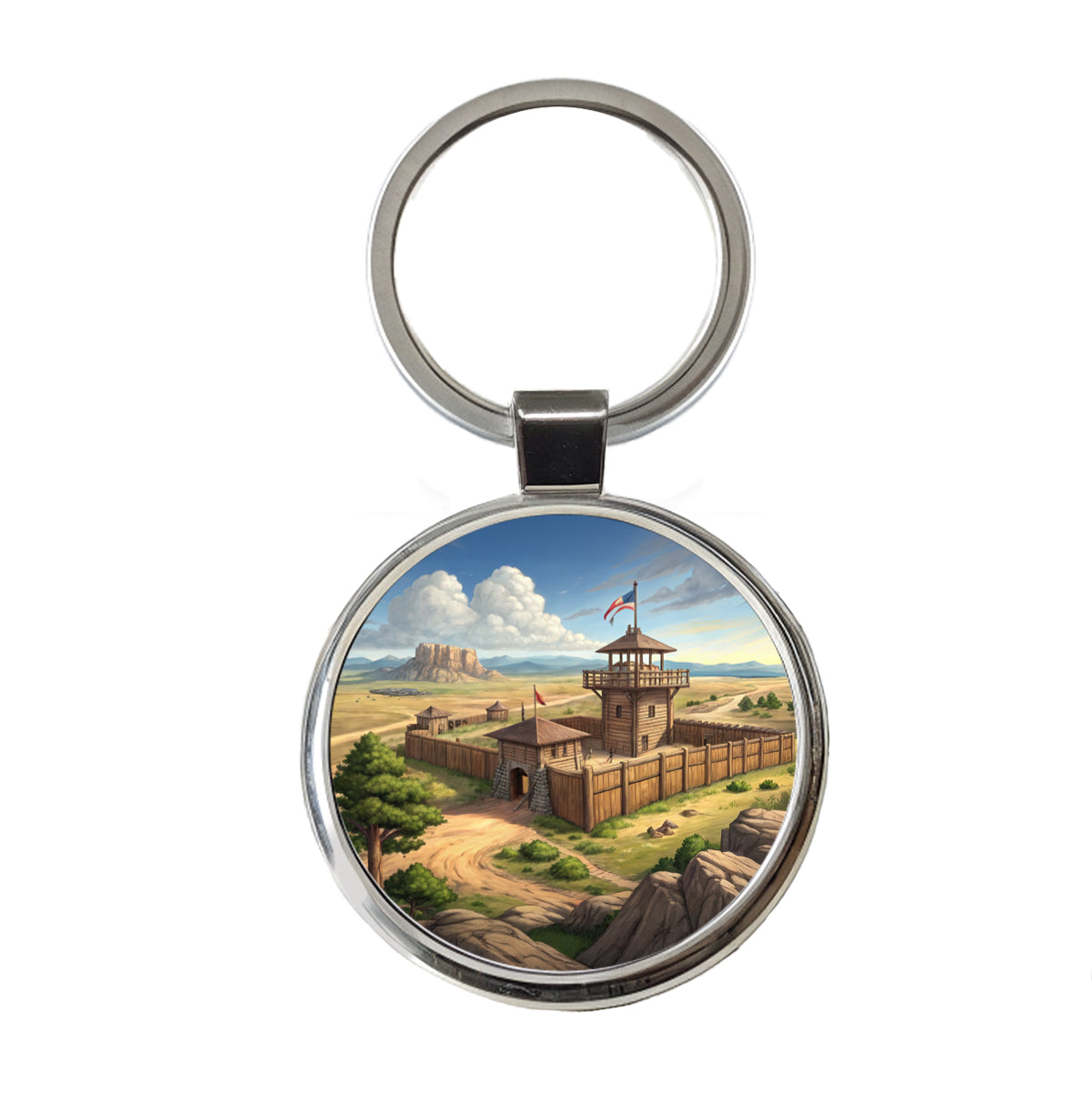 Old West Frontier Fort Cowboy Western Round Metal Keychain