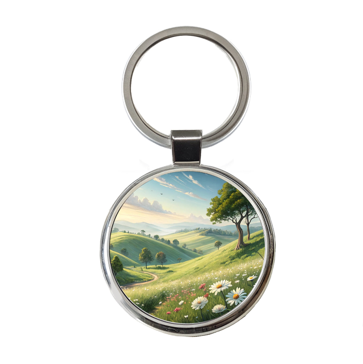 Pastoral Pretty Hillside Landscape Round Metal Keychain