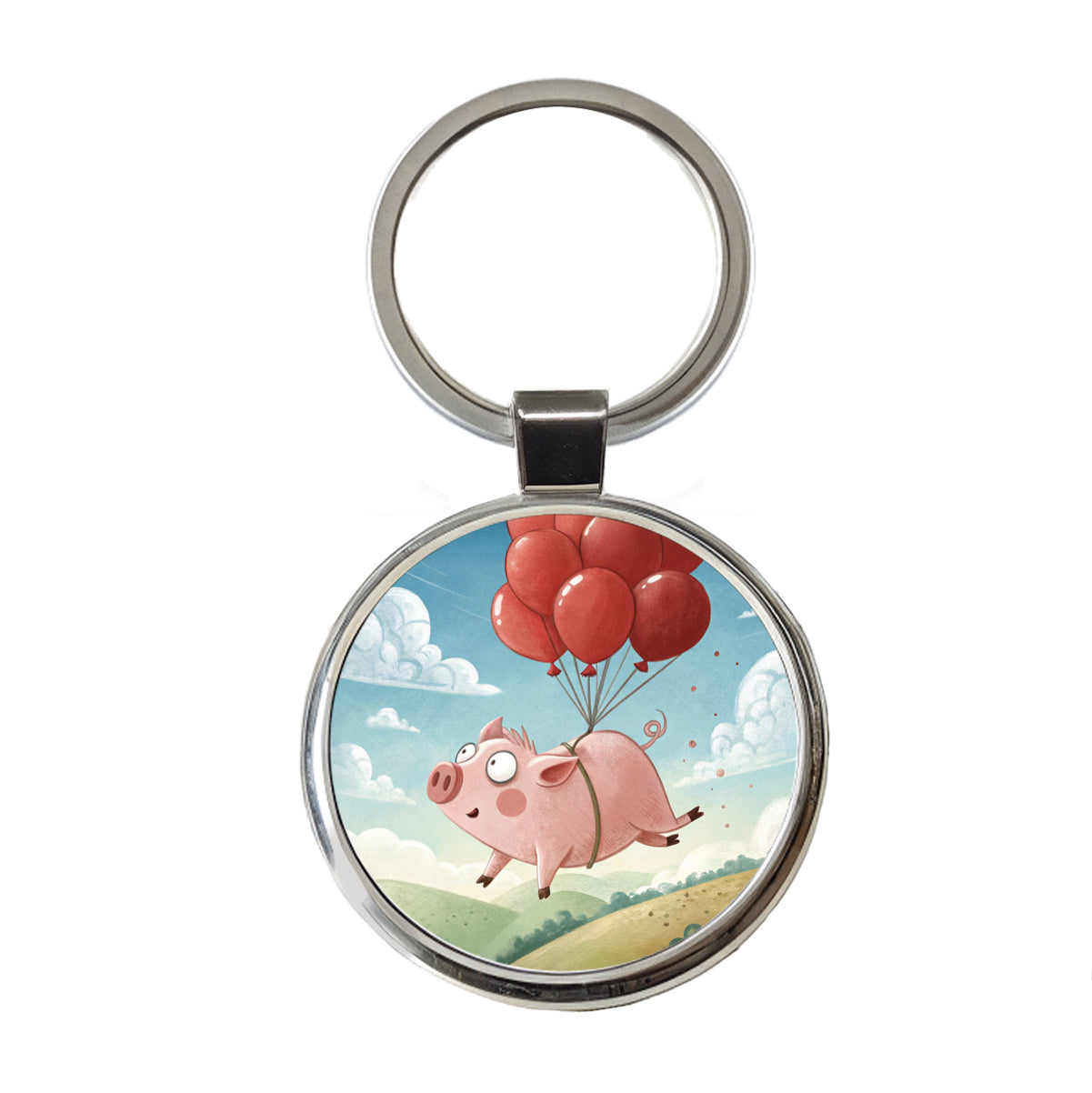 Pig Floating Through Sky Hanging From Red Balloons Round Metal Keychain