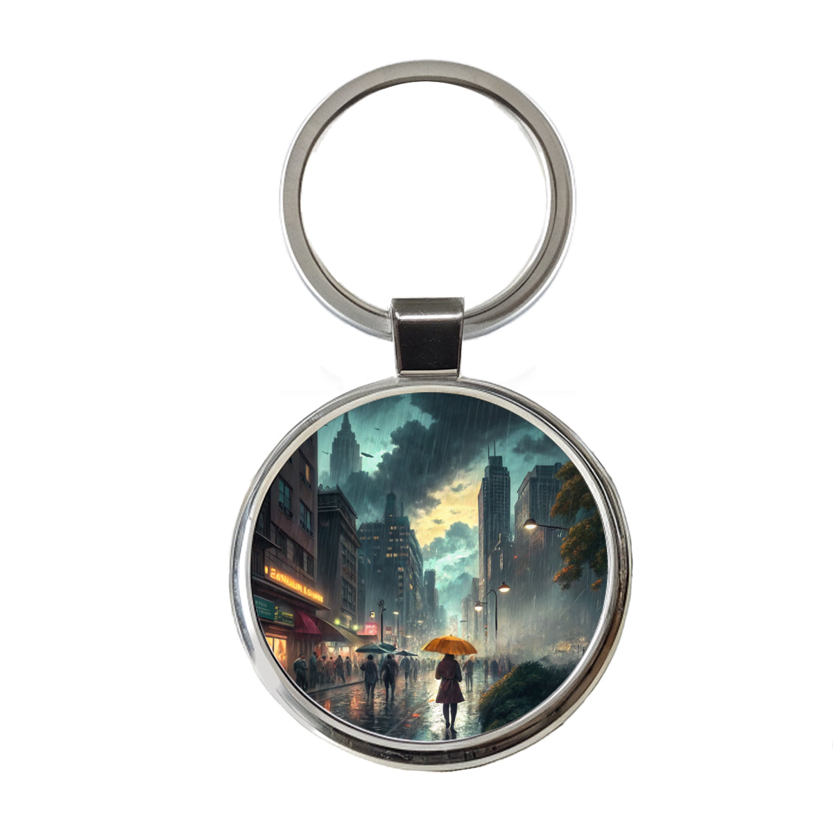 Rain Storm In The City at Night Round Metal Keychain