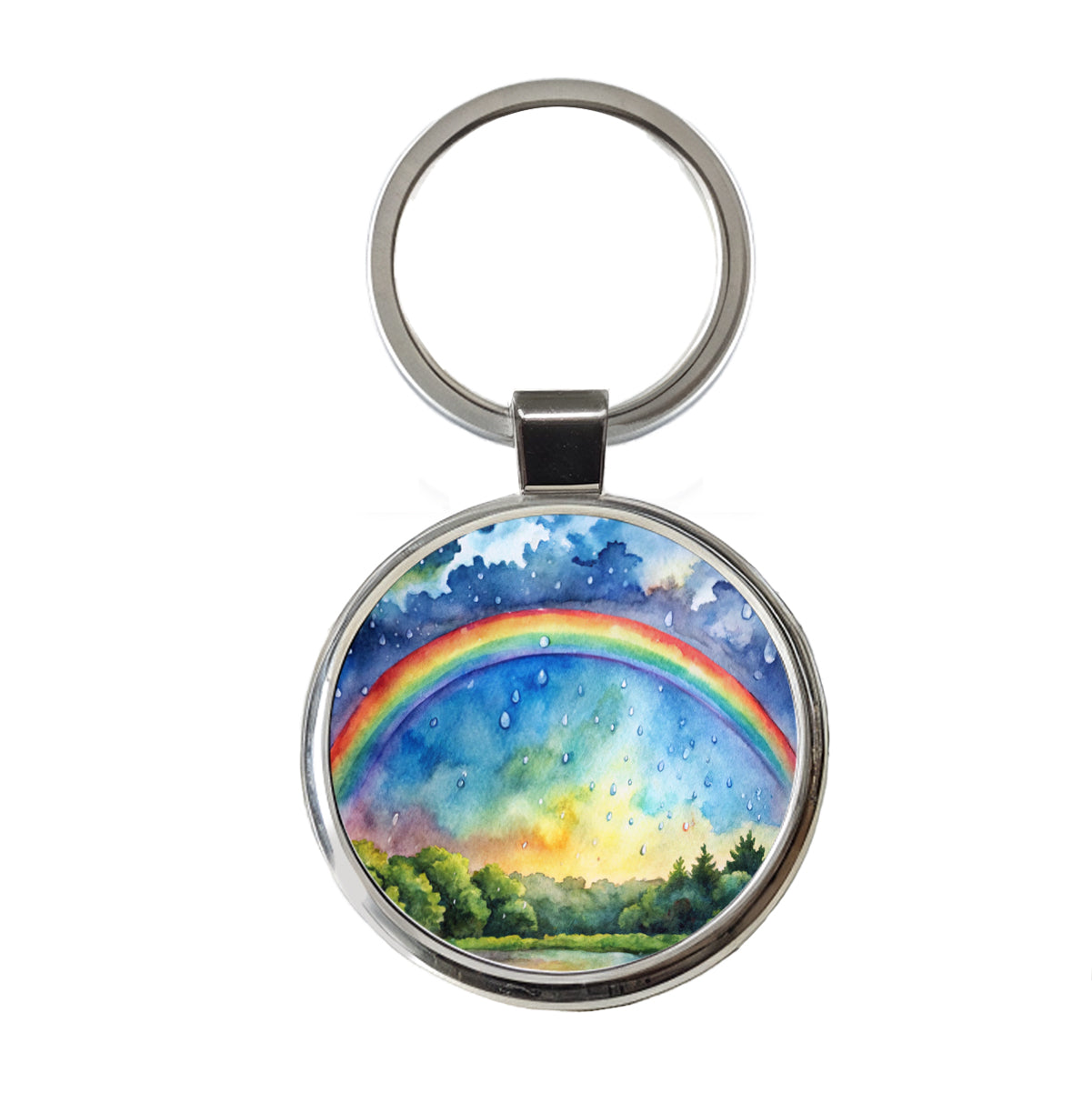 Rainbow After Rain Storm Watercolor Round Metal Keychain
