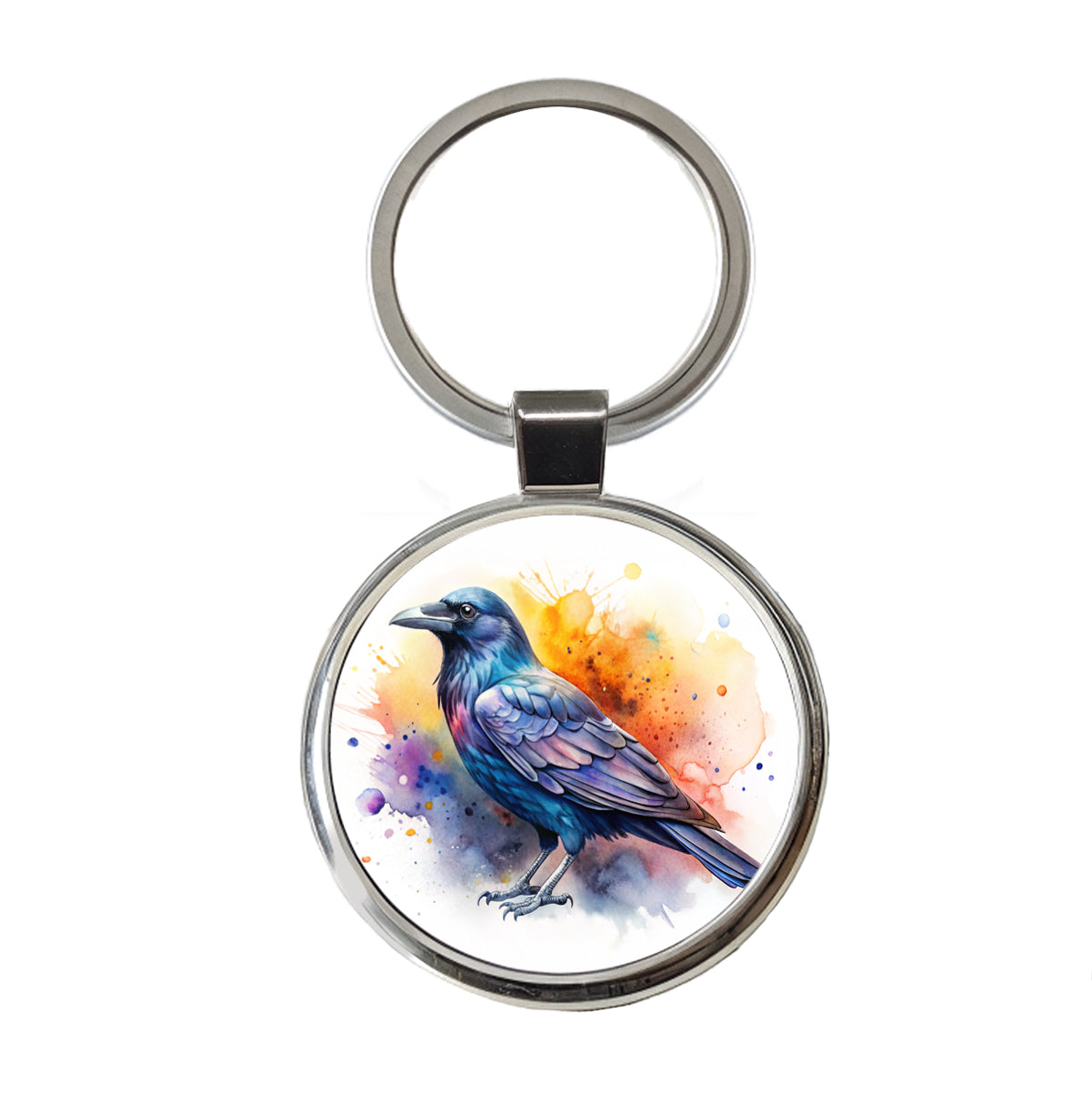 Raven Colorful Watercolor Round Metal Keychain