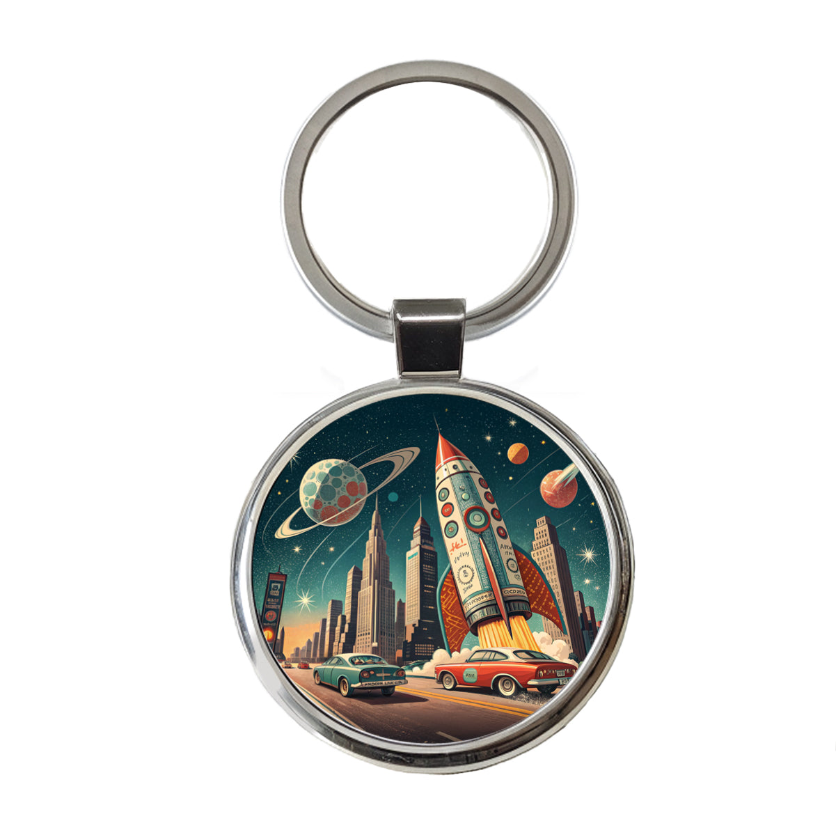 Retro Sci-fi 60's Poster Art Rocket Round Metal Keychain