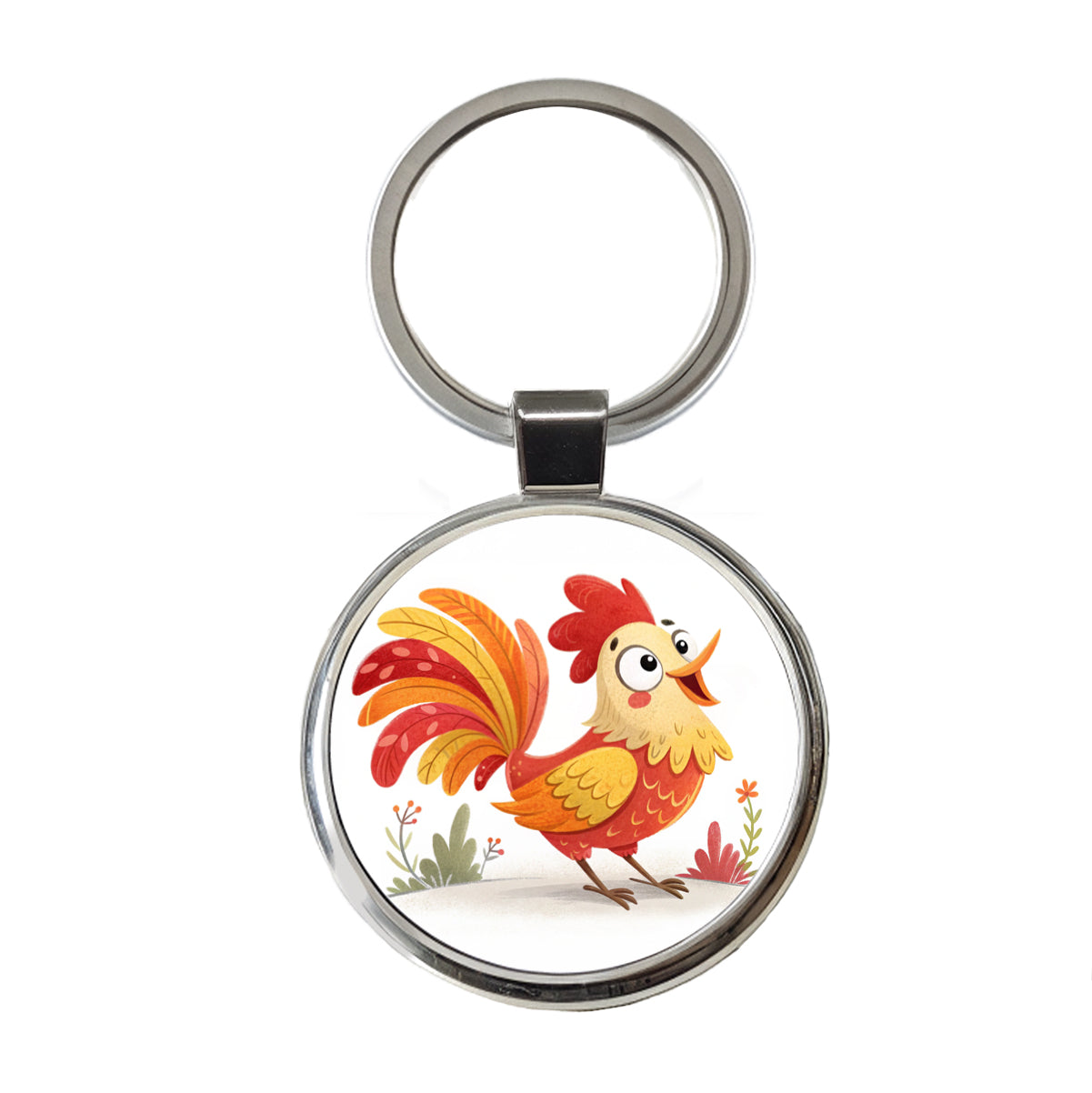 Rooster Children's Illustration Style Round Metal Keychain