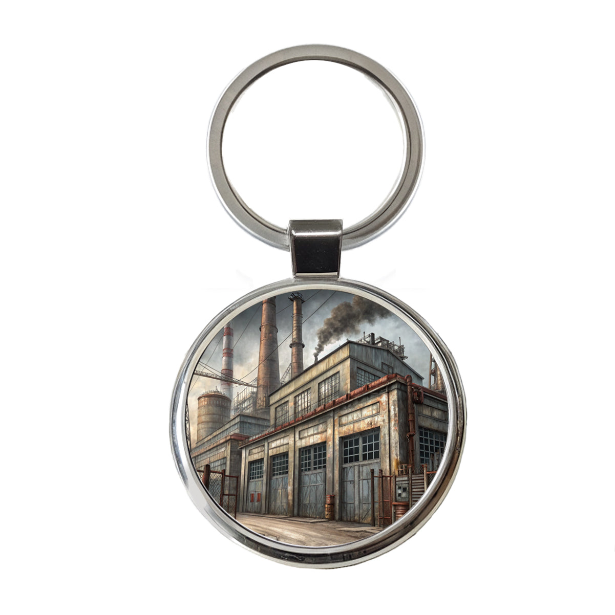 Rundown Old Industrial Factory Round Metal Keychain
