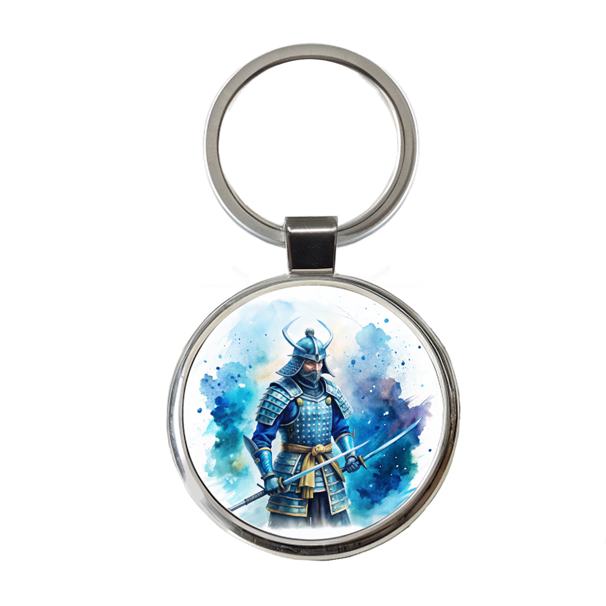 Samurai With Katana And Blue Armor Watercolor Round Metal Keychain