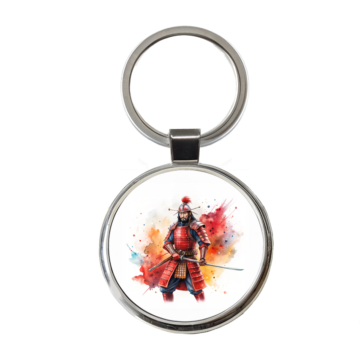 Samurai With Katana And Red Armor Watercolor Round Metal Keychain