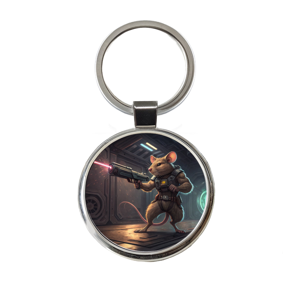 Sci-fi Action Hero Mouse With Laser Gun Round Metal Keychain