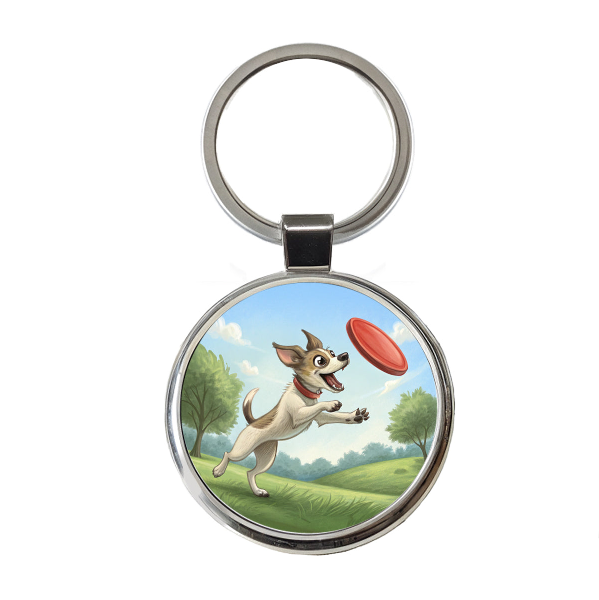 Small Dog Catching a Flying Disc Round Metal Keychain