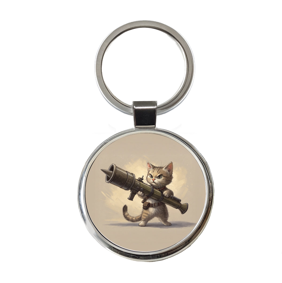 Small Fuzzy Cat Kitten with a Rocket Launcher Funny Round Metal Keychain