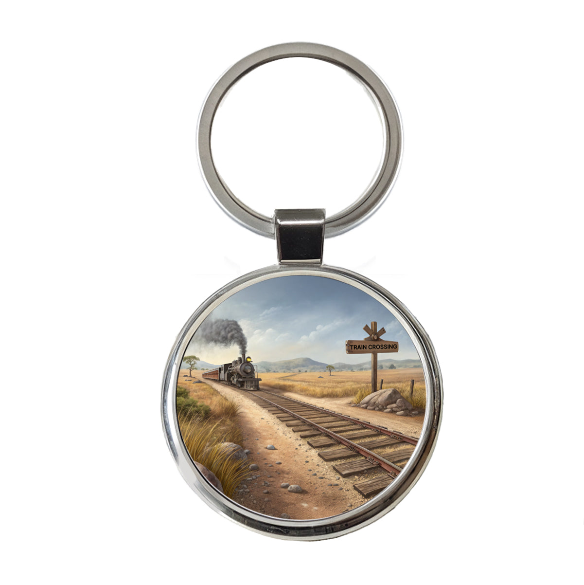 Steam Locomotive Train Crossing Old West Western Round Metal Keychain