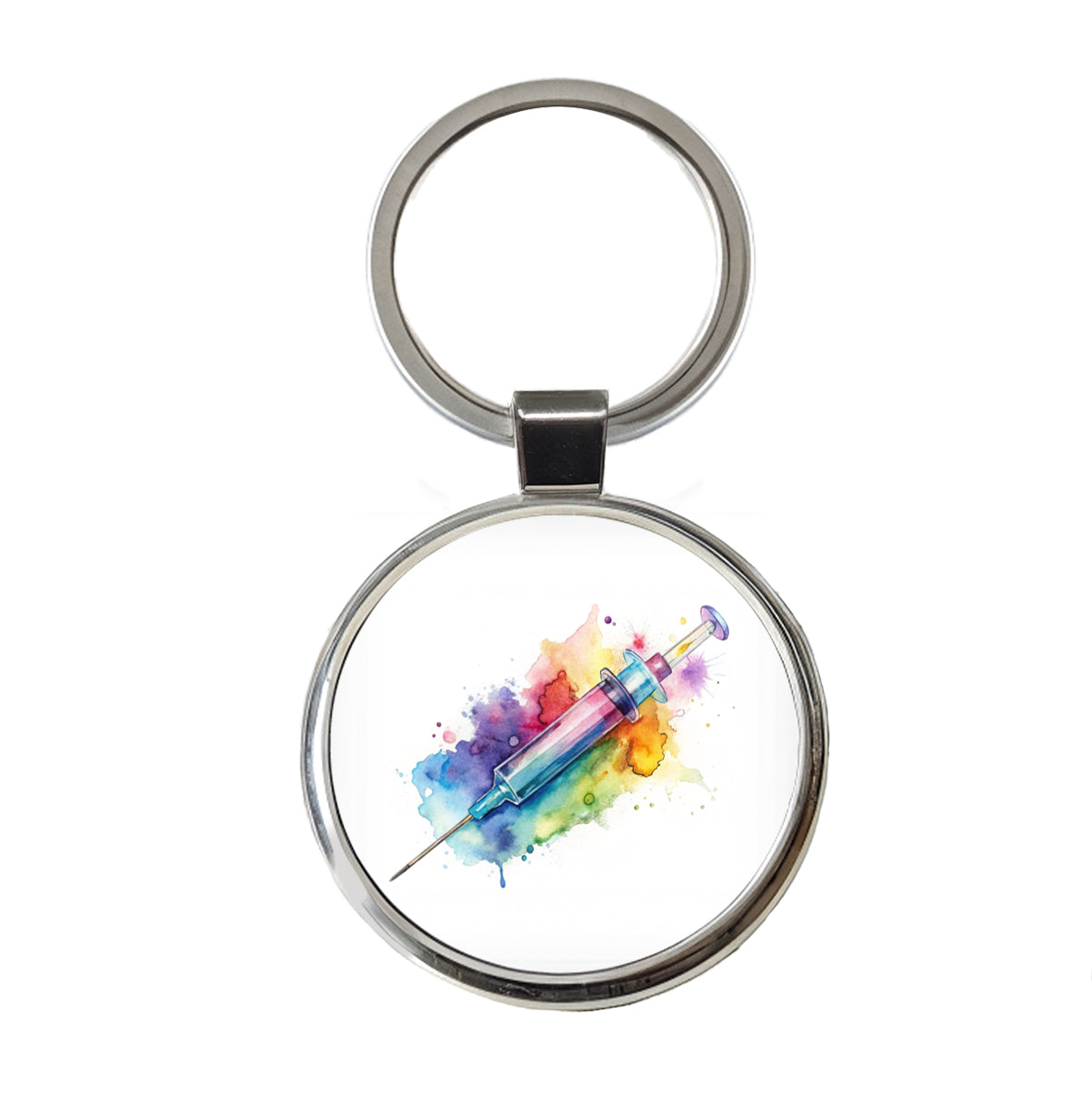 Syringe Shot Medical Vaccine Watercolor Round Metal Keychain