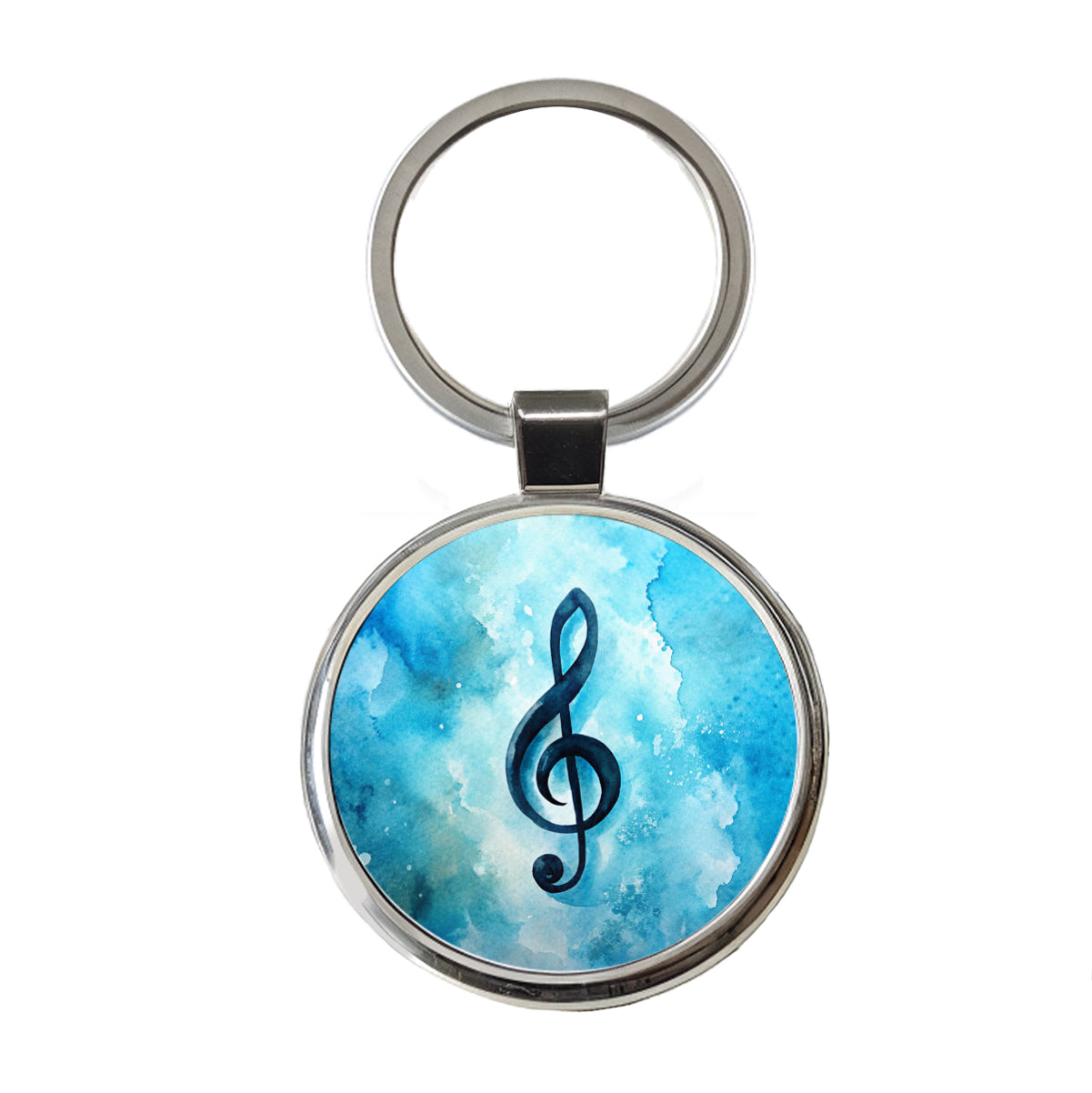 Treble Clef Music Musical Note Blue Watercolor Round Metal Keychain