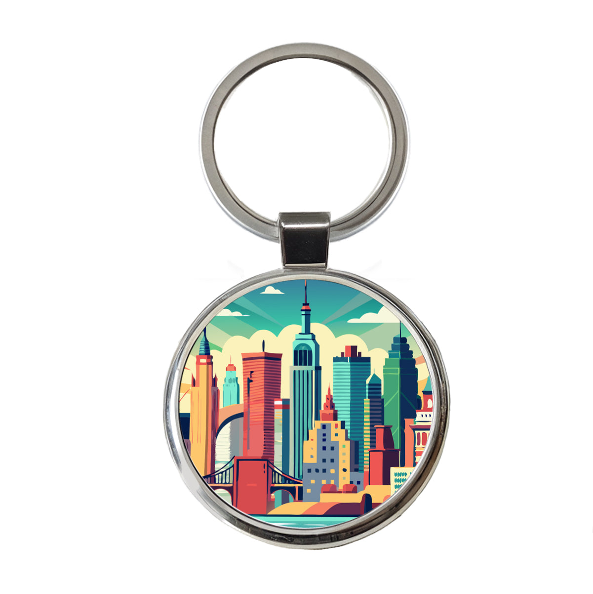 Vibrant Colored New York City Skyline Landscape Round Metal Keychain