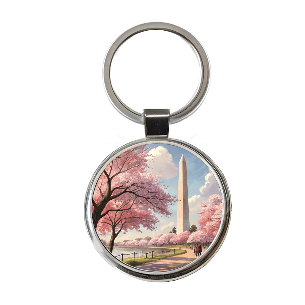 Washington Monument During Cherry Tree Blossom Season Round Metal Keychain