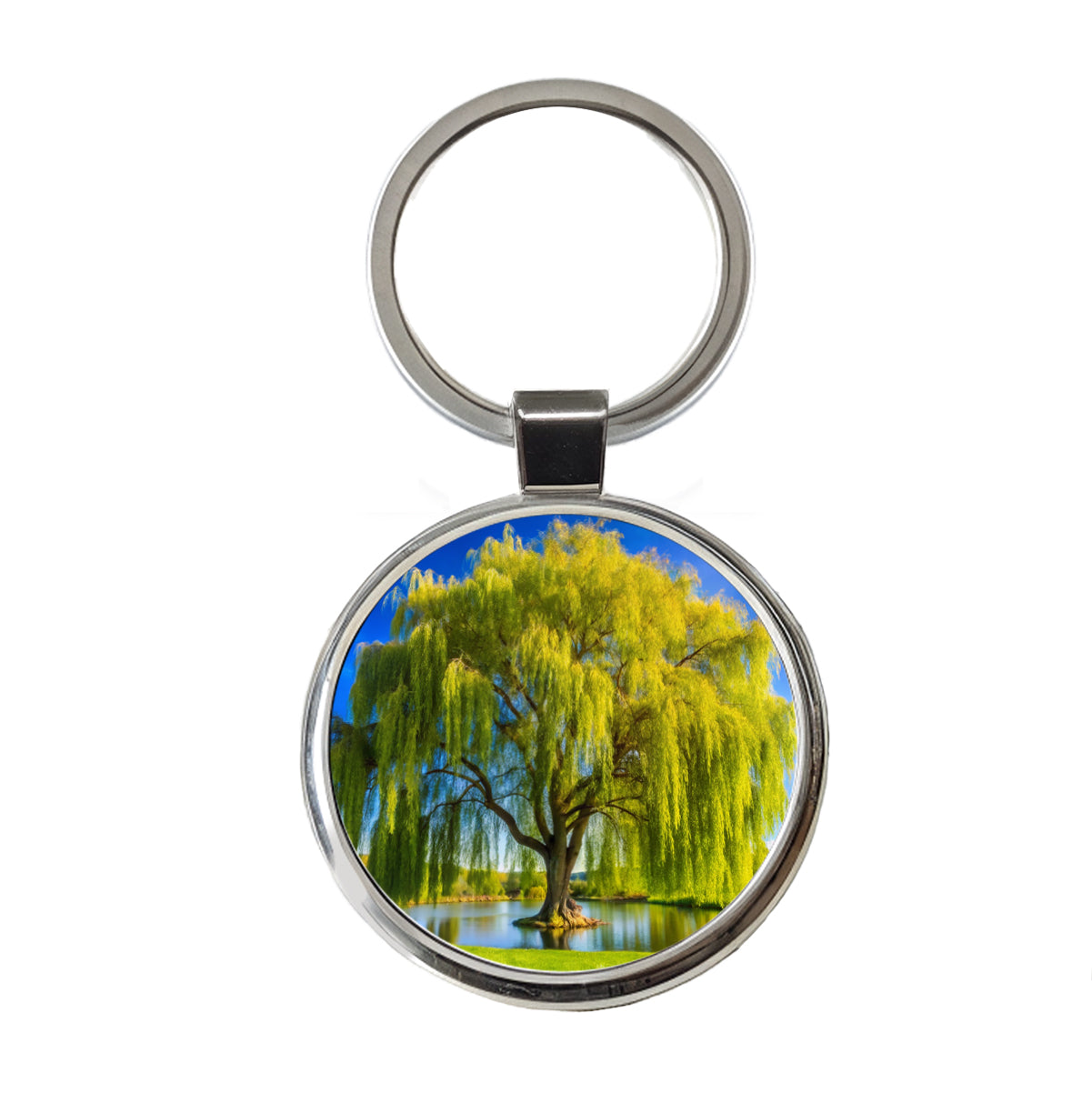 Weeping Willow Tree in Pond Round Metal Keychain