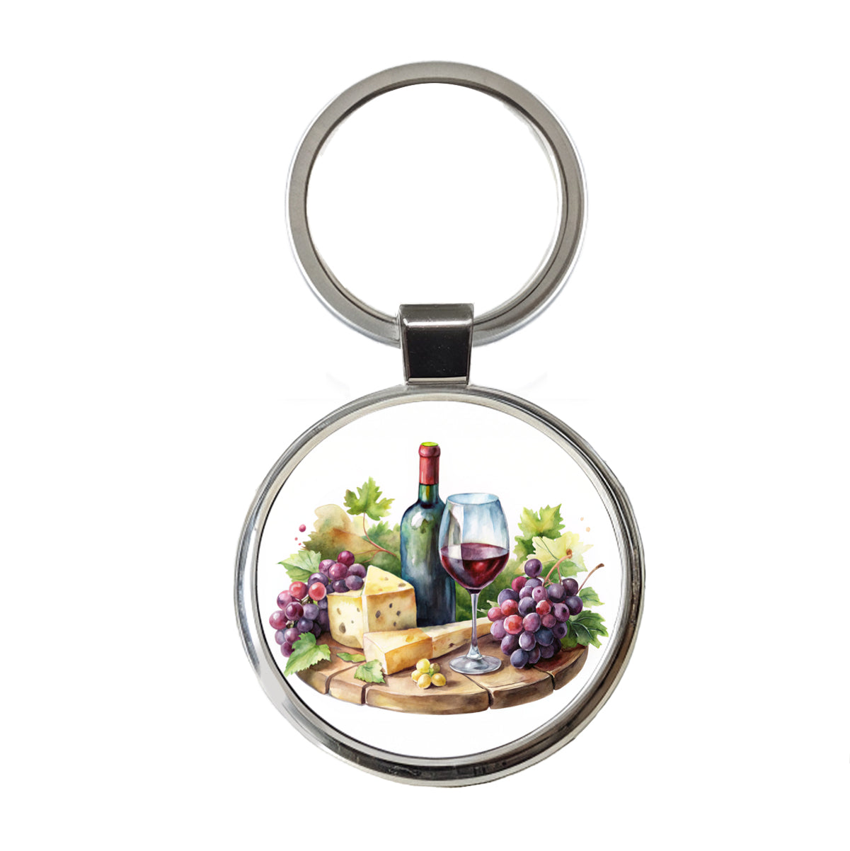 Wine Cheese Grapes on Board Watercolor Round Metal Keychain