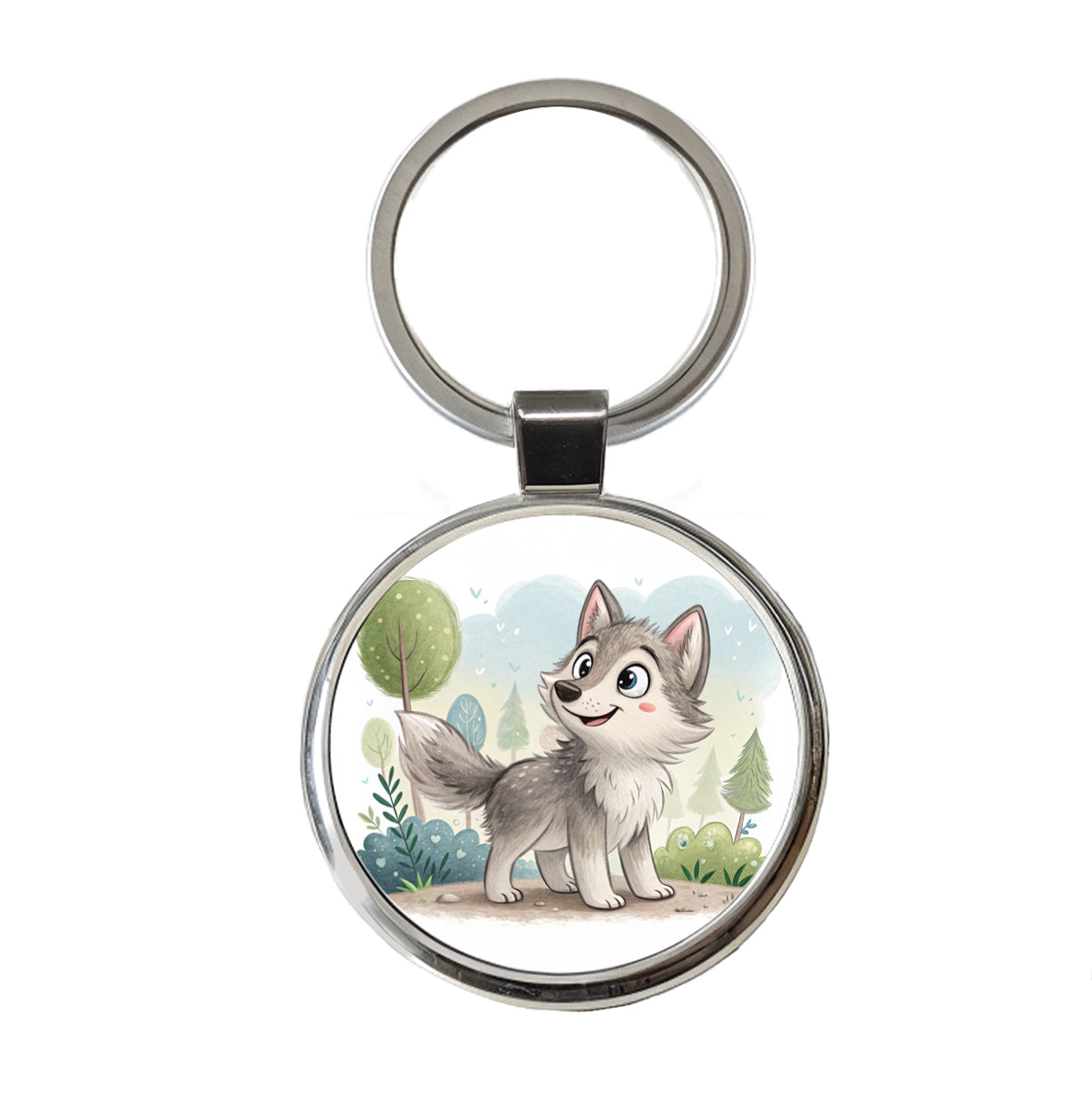 Wolf Children's Illustration Style Round Metal Keychain