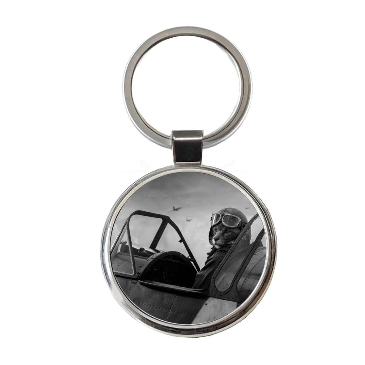 WWII Cat Fighter Plane Pilot Ace Retro Alternative Universe Round Metal Keychain