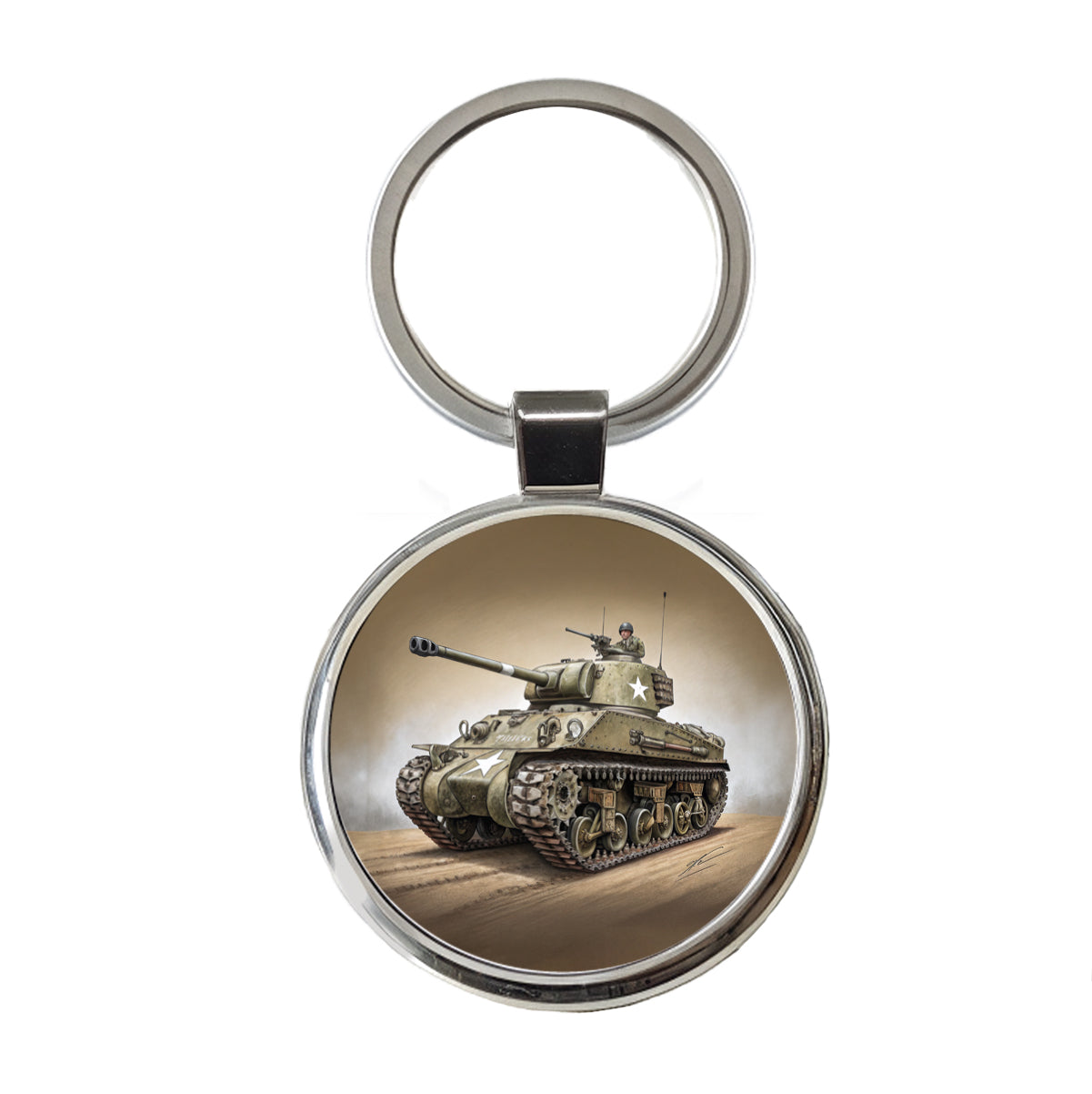 WWII M4 Sherman US Medium Tank Round Metal Keychain