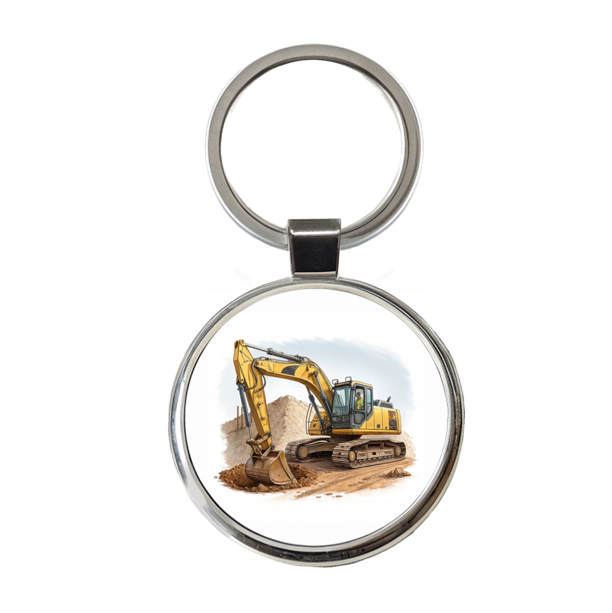 Yellow Excavator Construction Equipment Round Metal Keychain