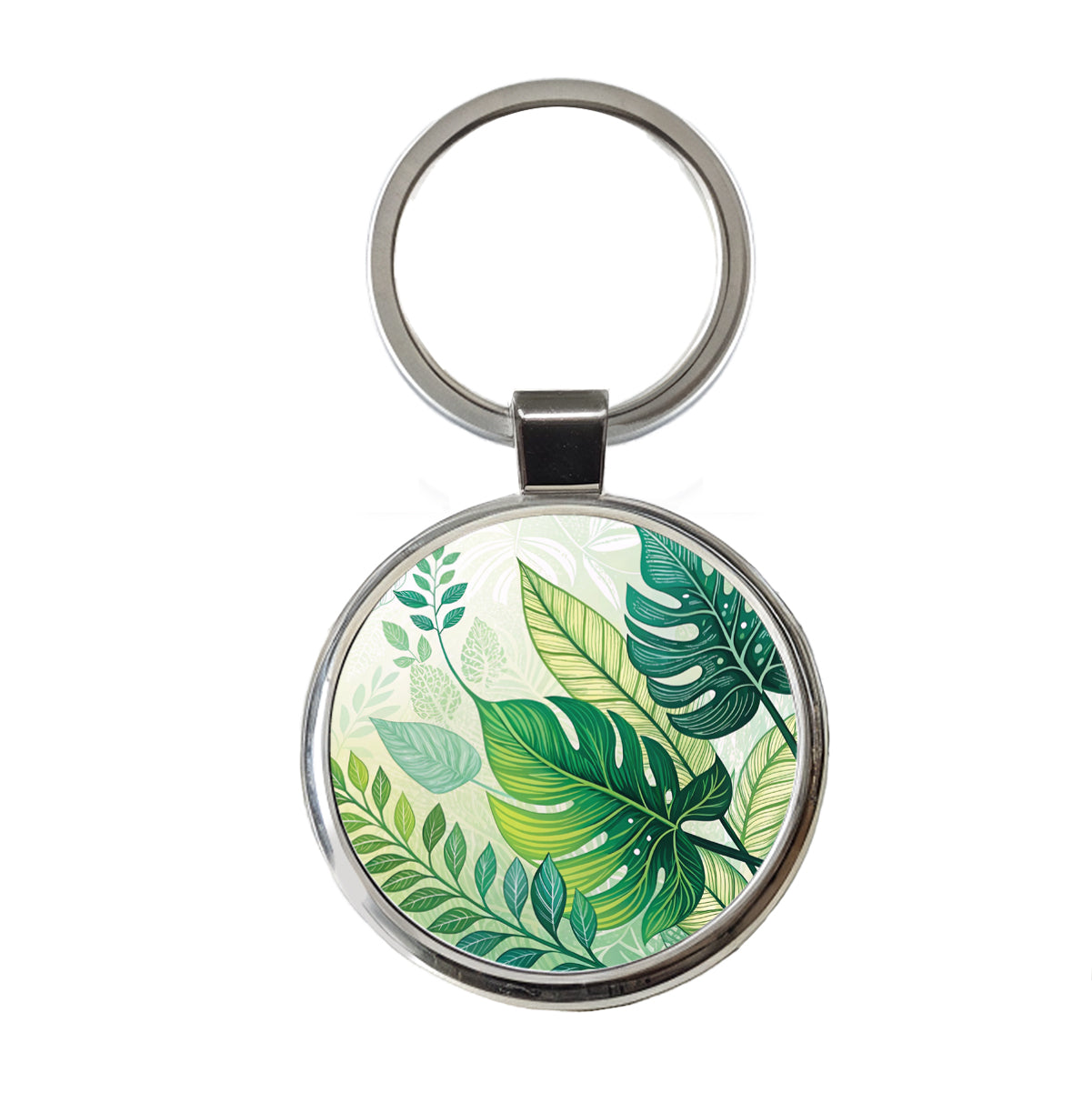 Abstract Green Leaves Design Round Metal Keychain