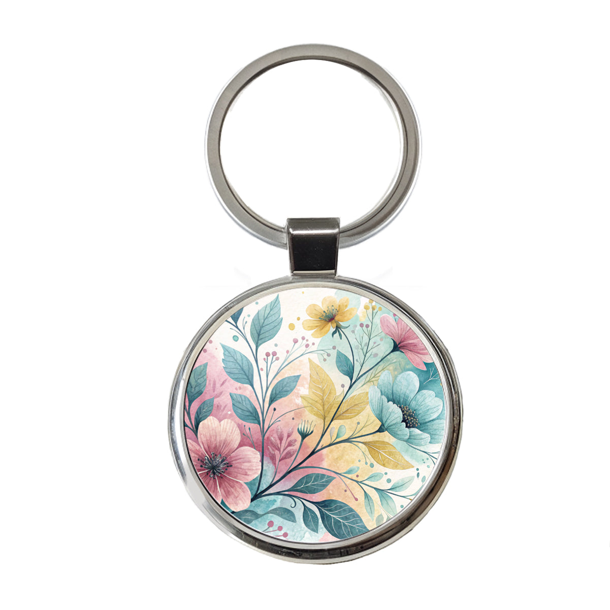 Abstract Pastel Flowers Leaves Design Round Metal Keychain