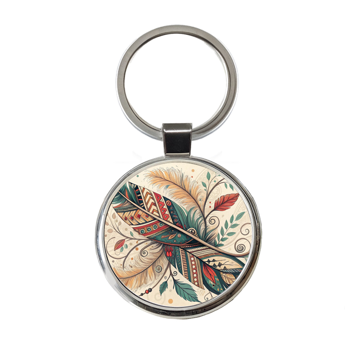 Abstract Southwestern Feather Leaf Design Round Metal Keychain