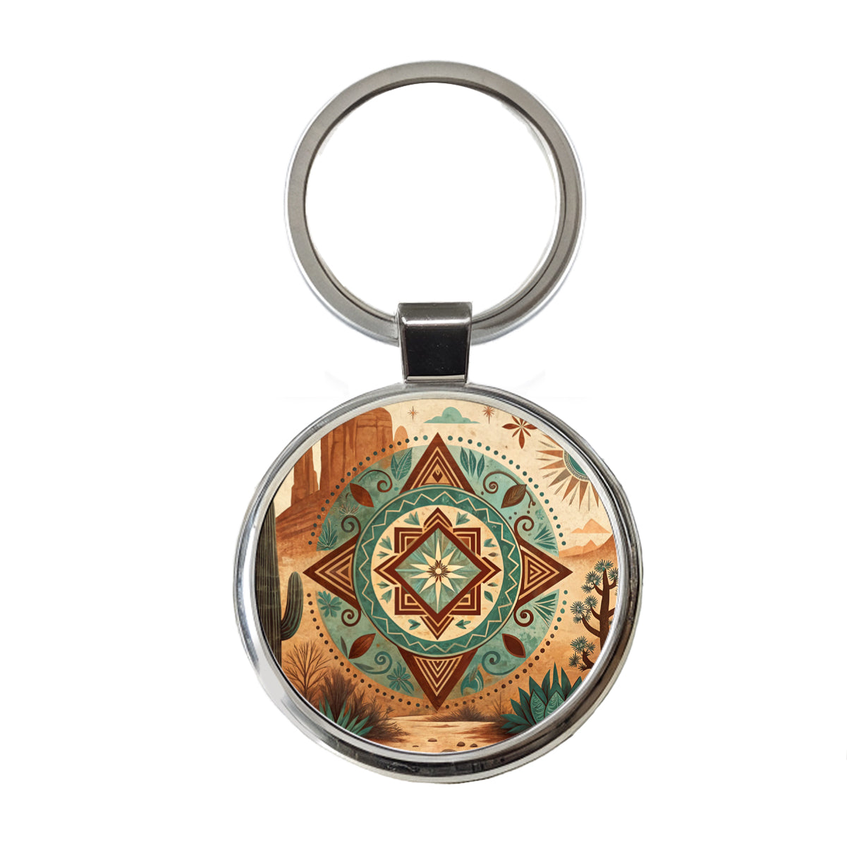 Abstract Southwestern Teal Brown Desert Design Round Metal Keychain