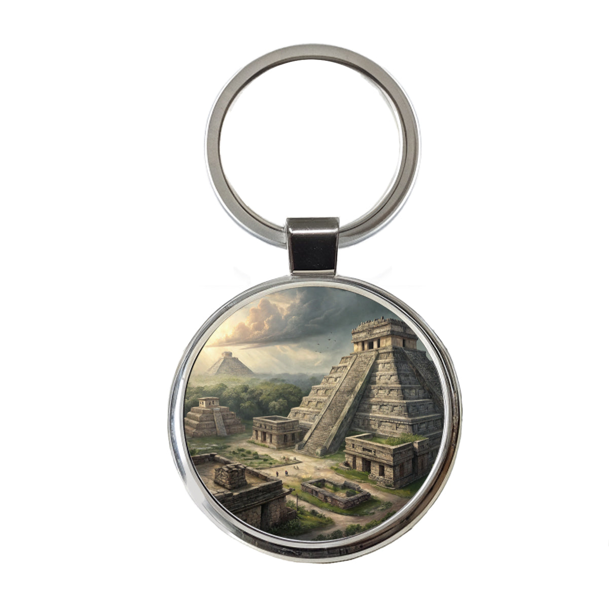 Ancient Maya Temples Step Pyramids Round Metal Keychain
