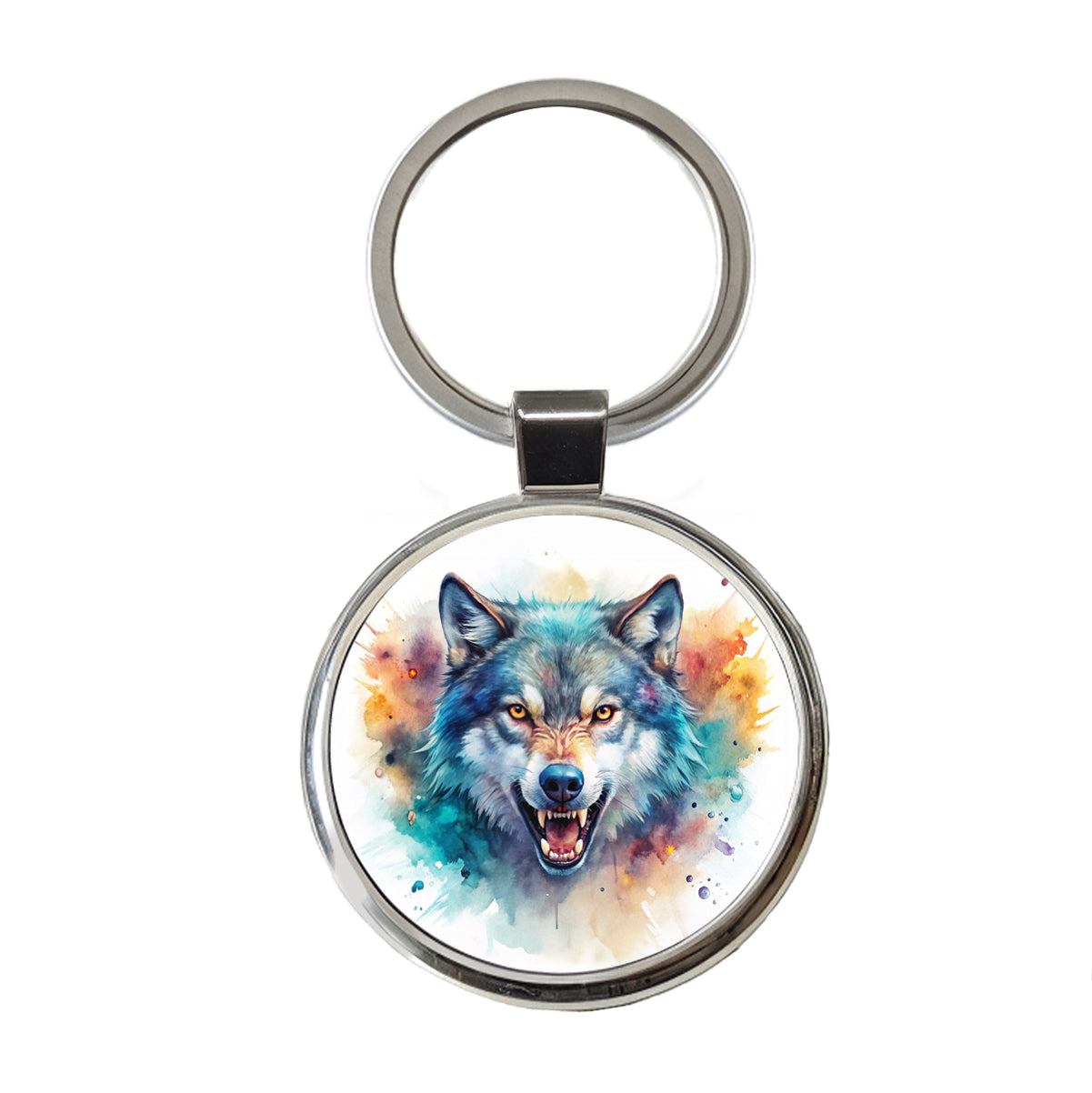 Angry Wolf Watercolor Round Metal Keychain