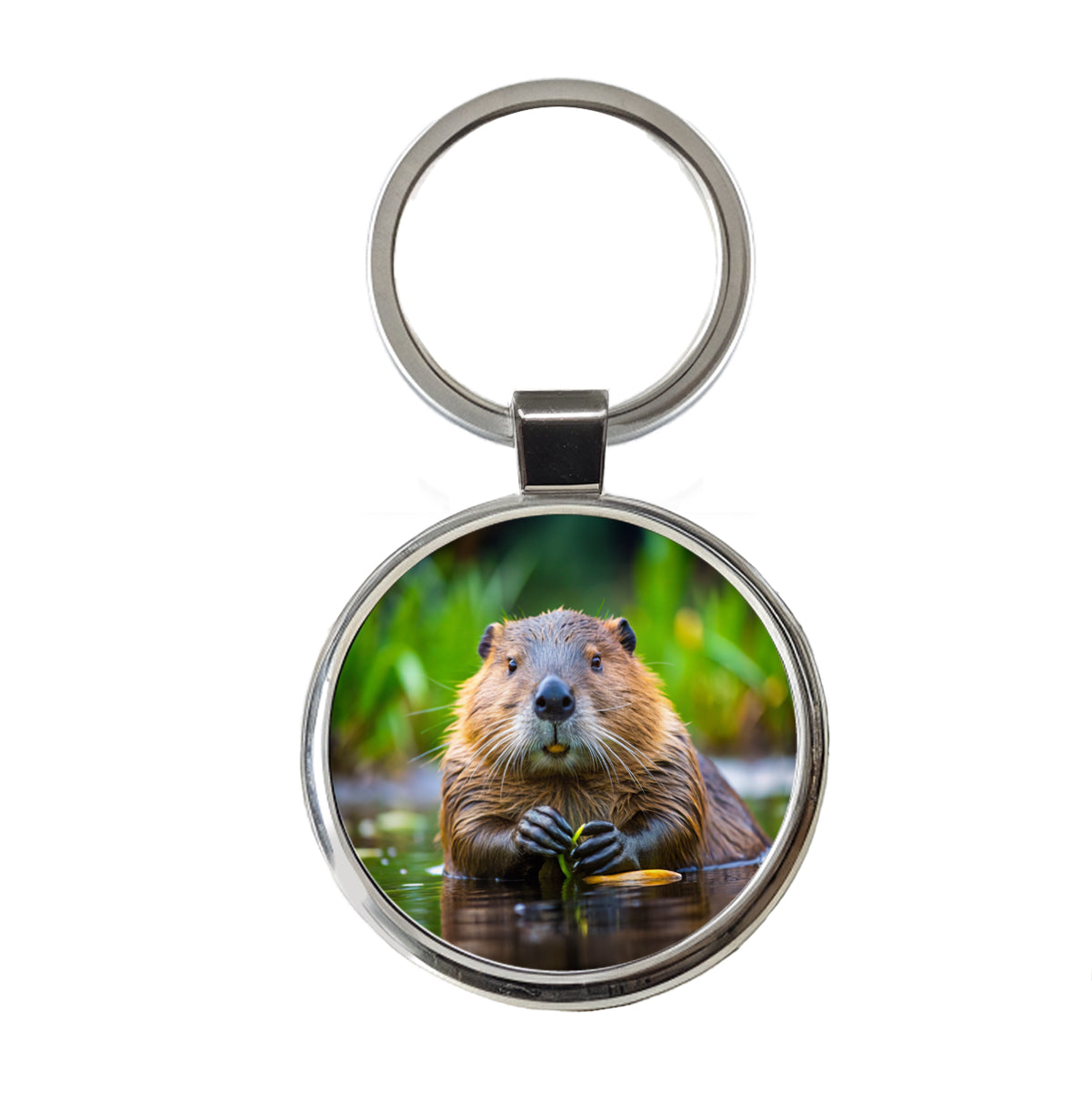 Beaver Round Metal Keychain