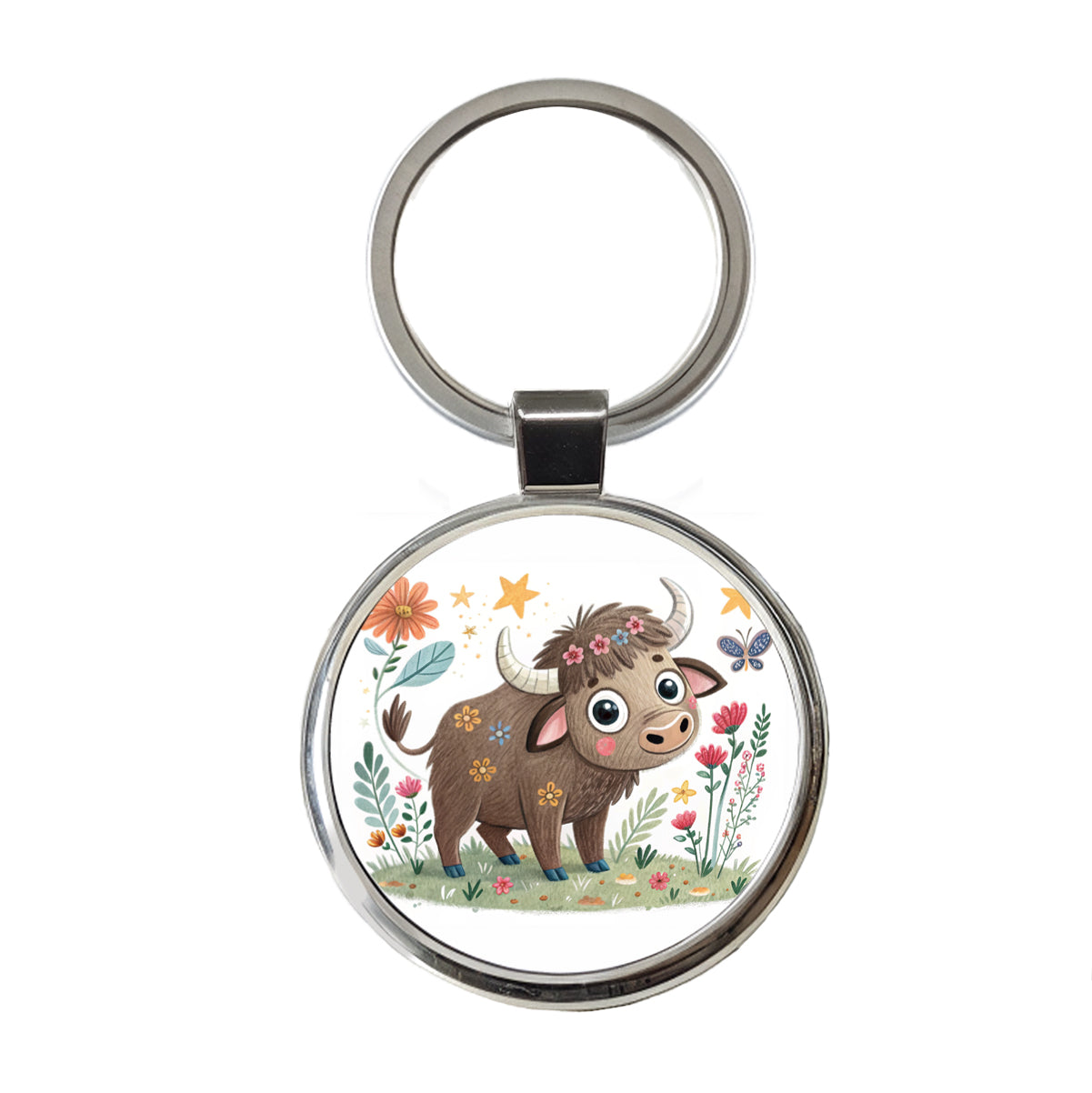 Bison Buffalo Children's Illustration Style Round Metal Keychain