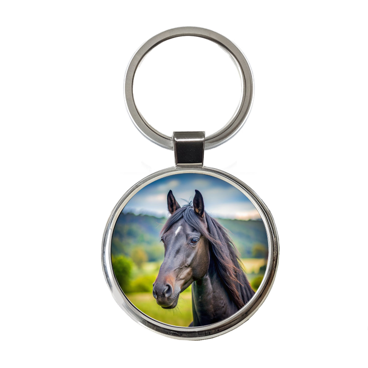 Black Horse Face Round Metal Keychain