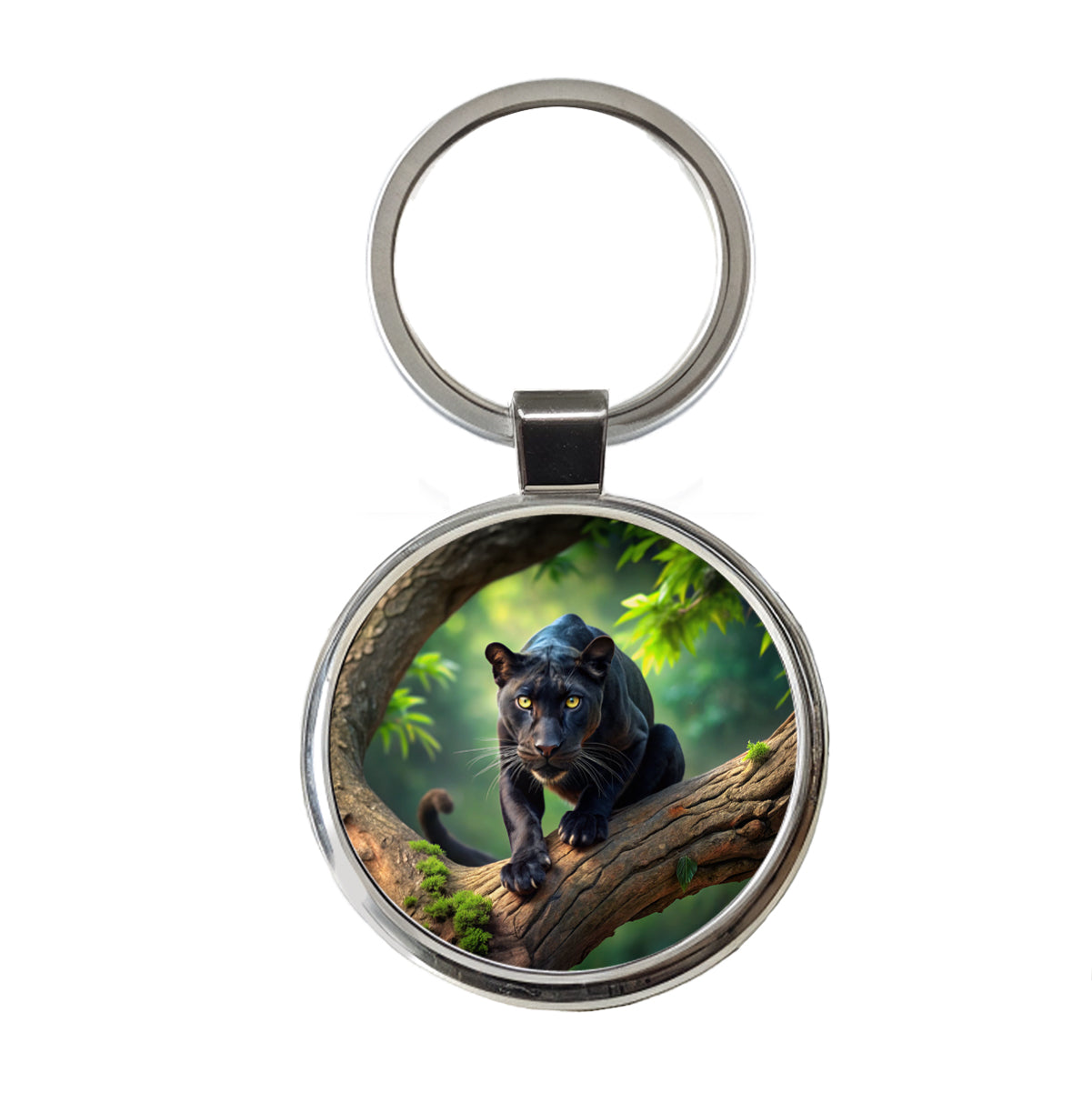Black Panther on Branch Round Metal Keychain