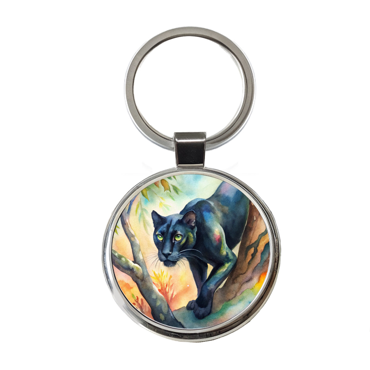 Black Panther Stalking Prey Watercolor Round Metal Keychain