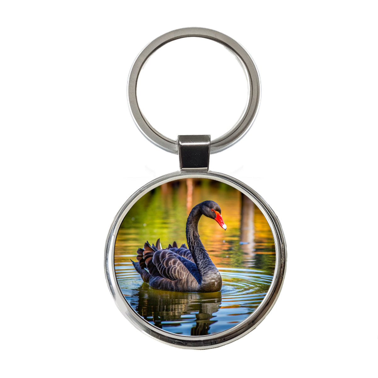 Black Swan Round Metal Keychain