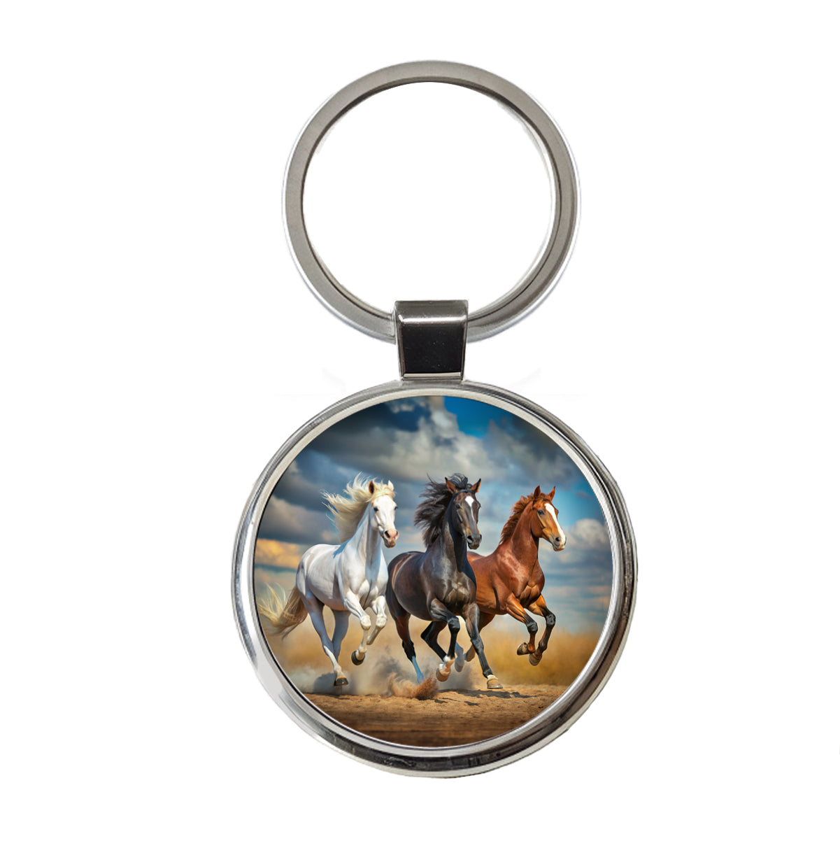Black White and Brown Horses Galloping Round Metal Keychain