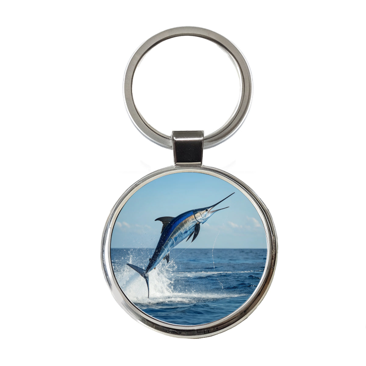 Blue Marlin Fish Leaping Out Of Water Round Metal Keychain
