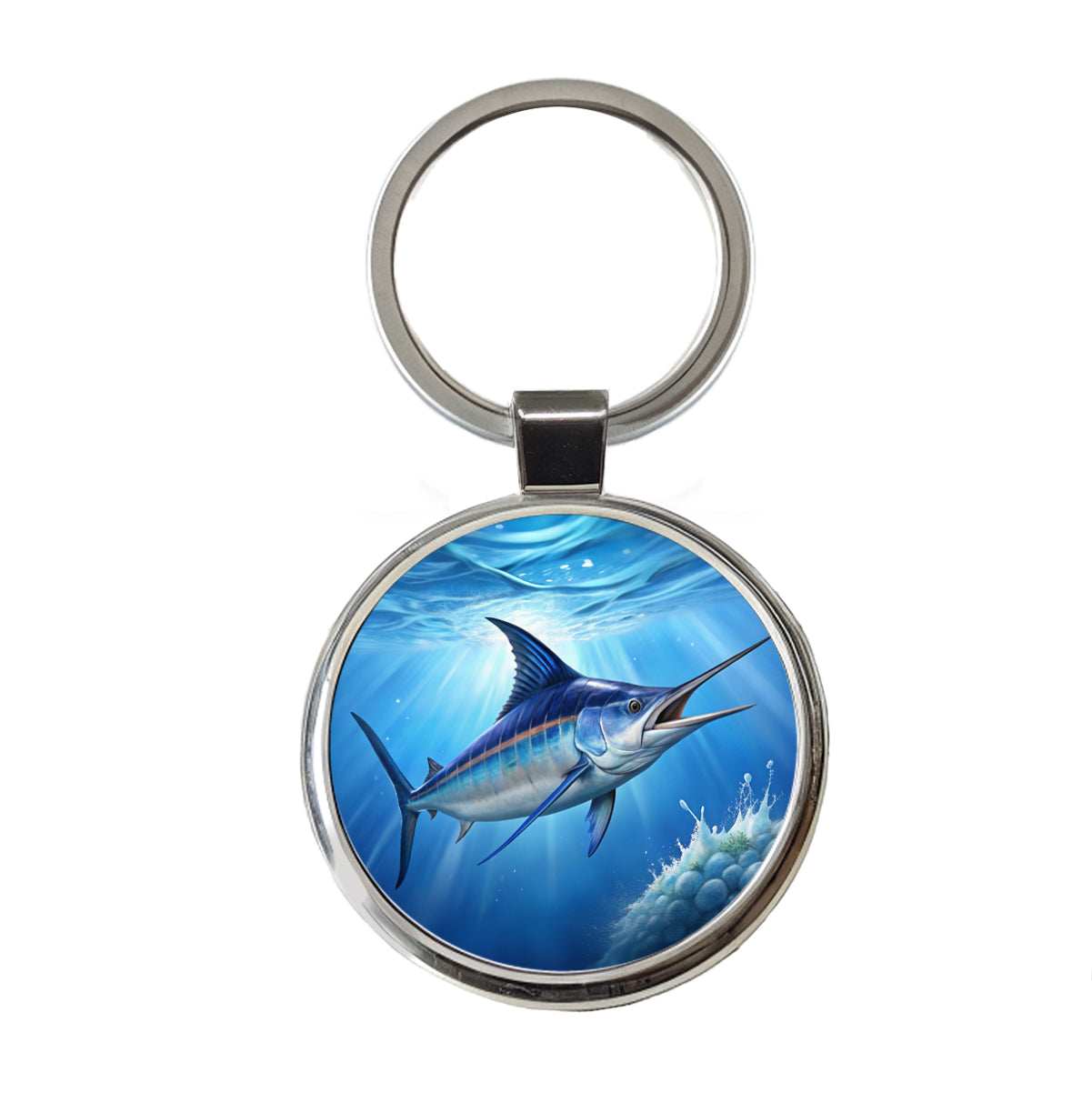 Blue Marlin Fish Round Metal Keychain