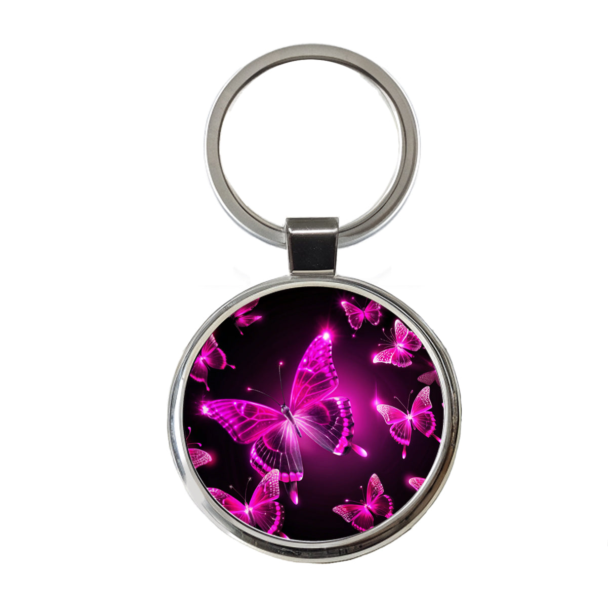 Bright Neon Pink Butterflies Round Metal Keychain