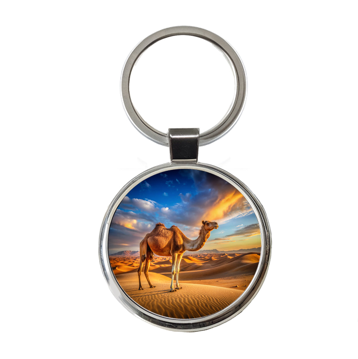 Camel Standing In Desert Round Metal Keychain
