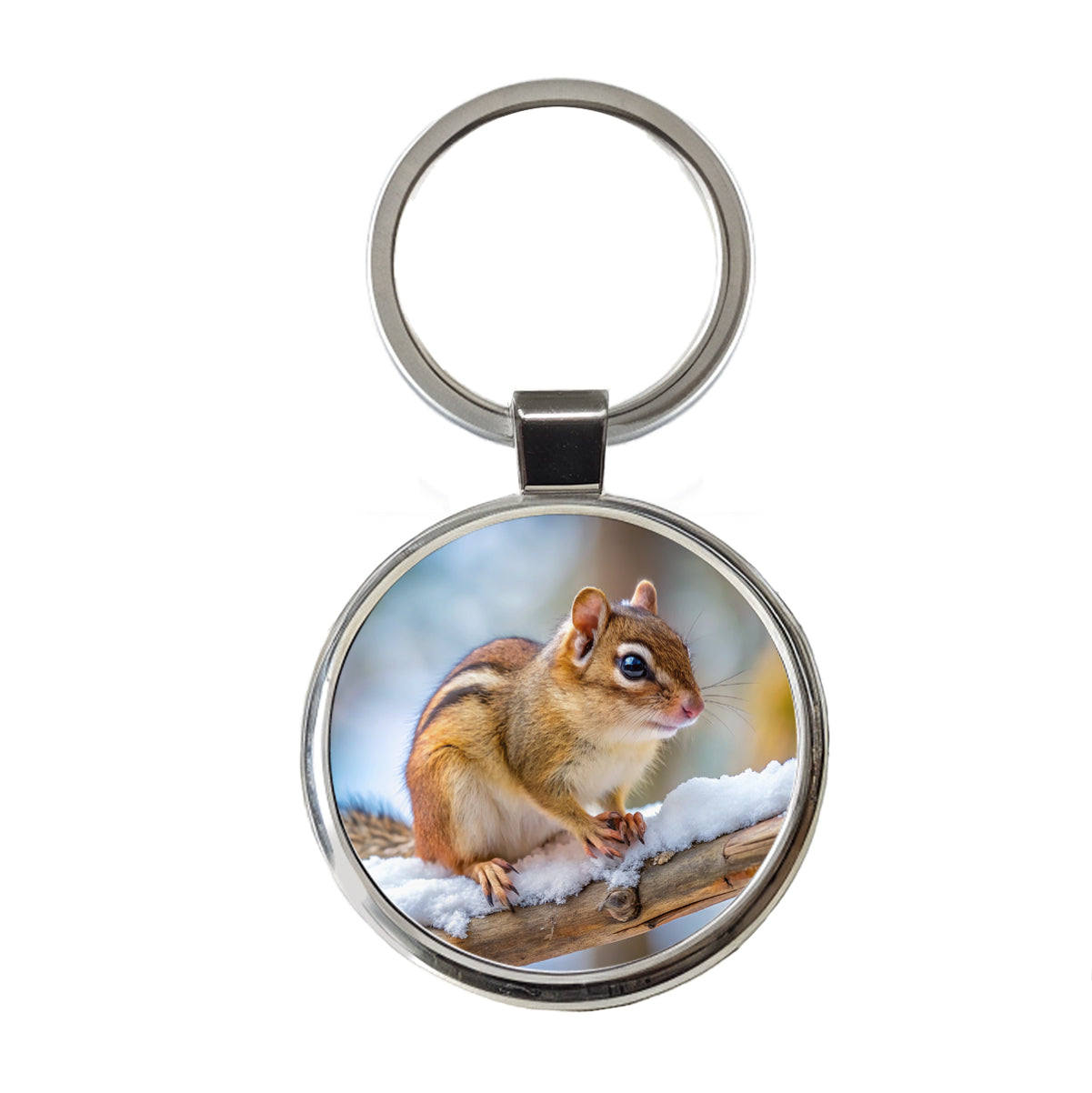 Chipmunk On Branch In Winter Round Metal Keychain