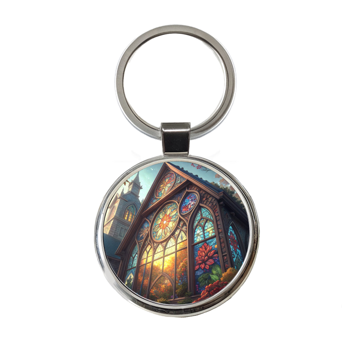 Church Stained Glass Windows Round Metal Keychain