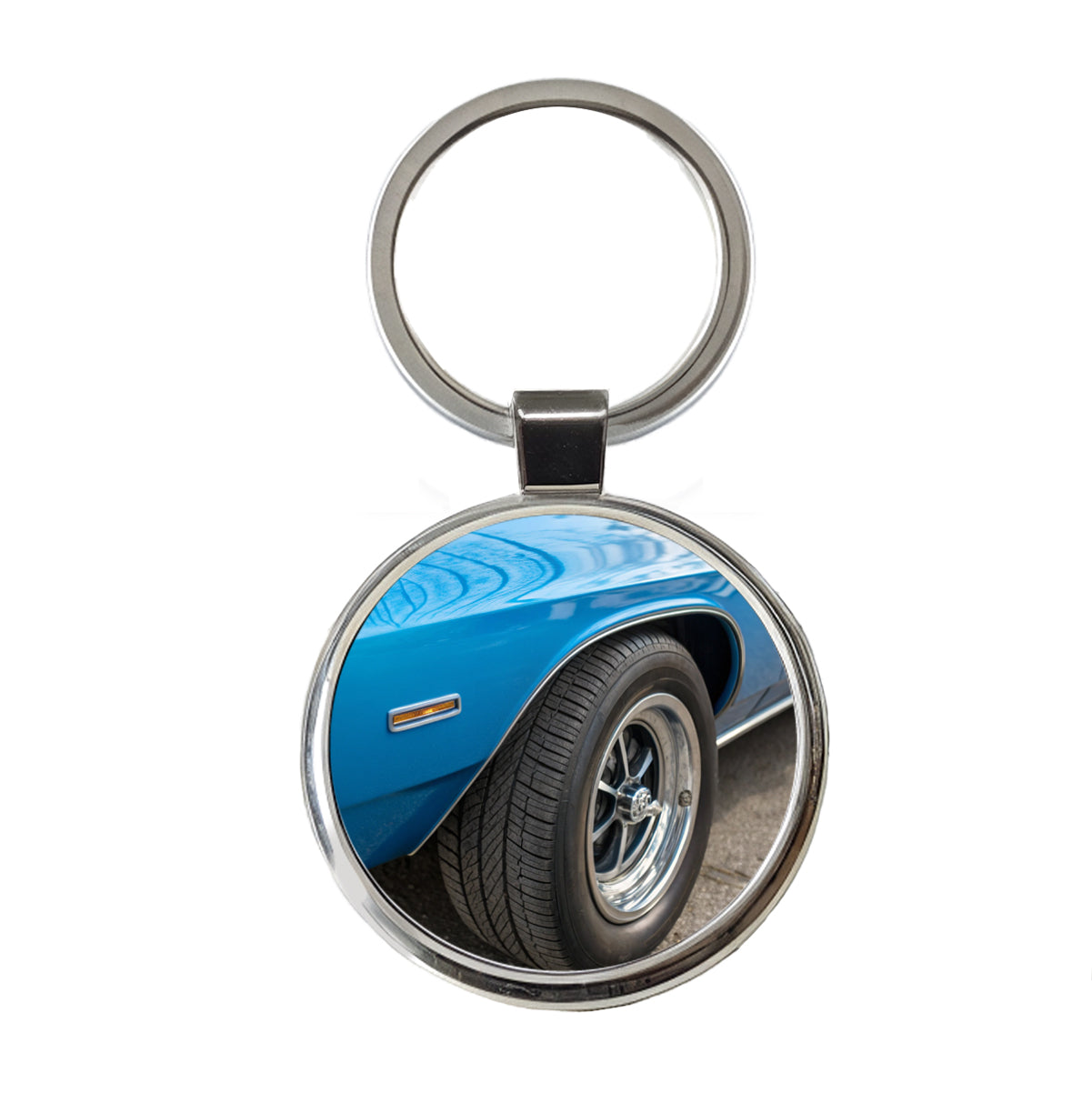 Classic Blue Muscle Car Round Metal Keychain