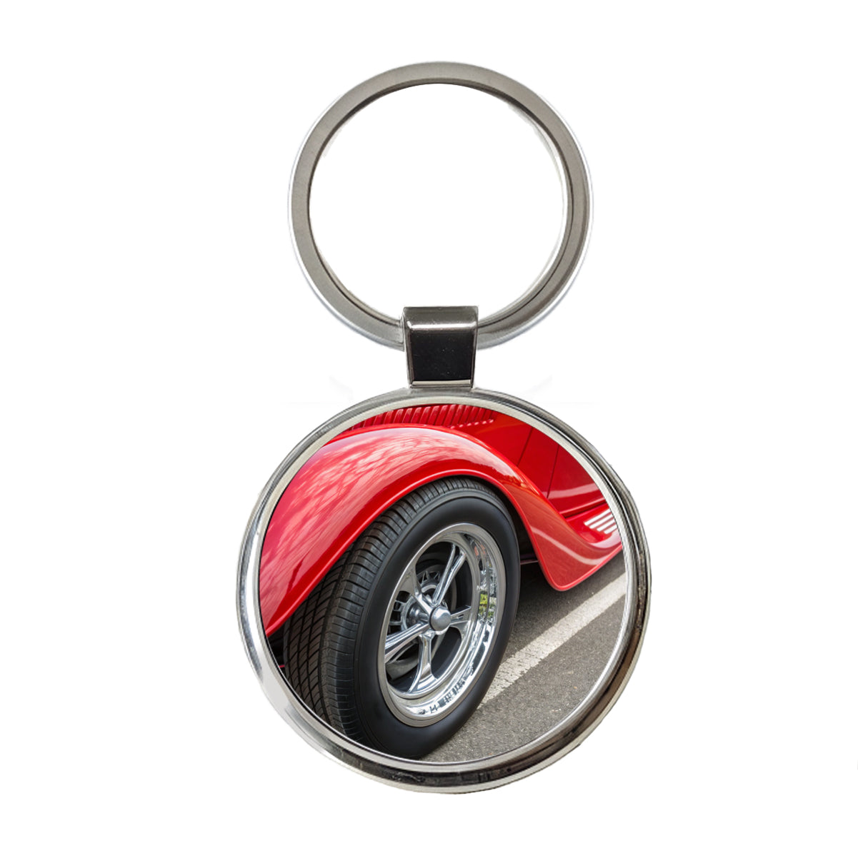 Classic Red Hot Rod Car Round Metal Keychain
