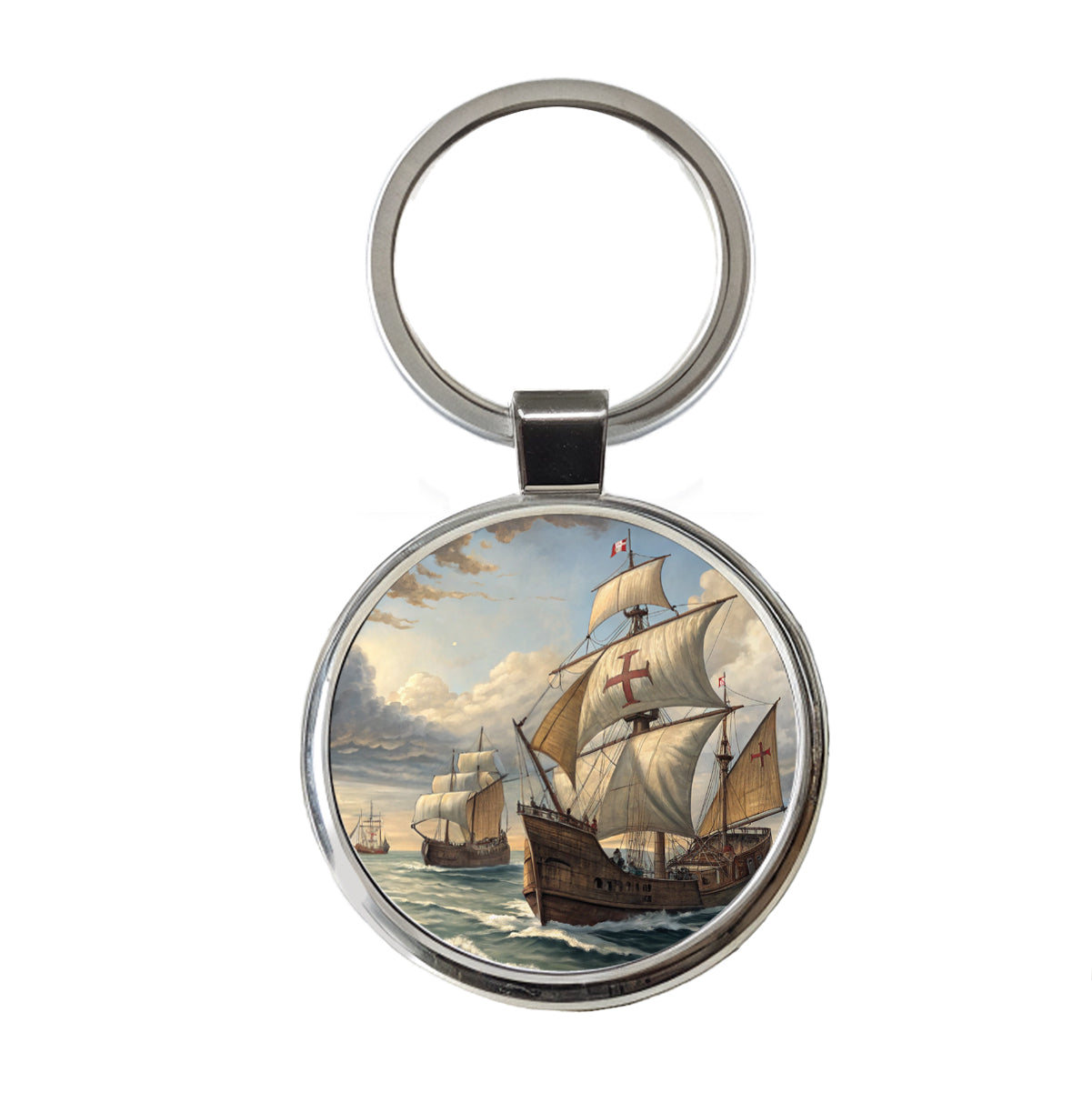 Columbus's Ships Nina, Pinta, And The Santa Maria Round Metal Keychain